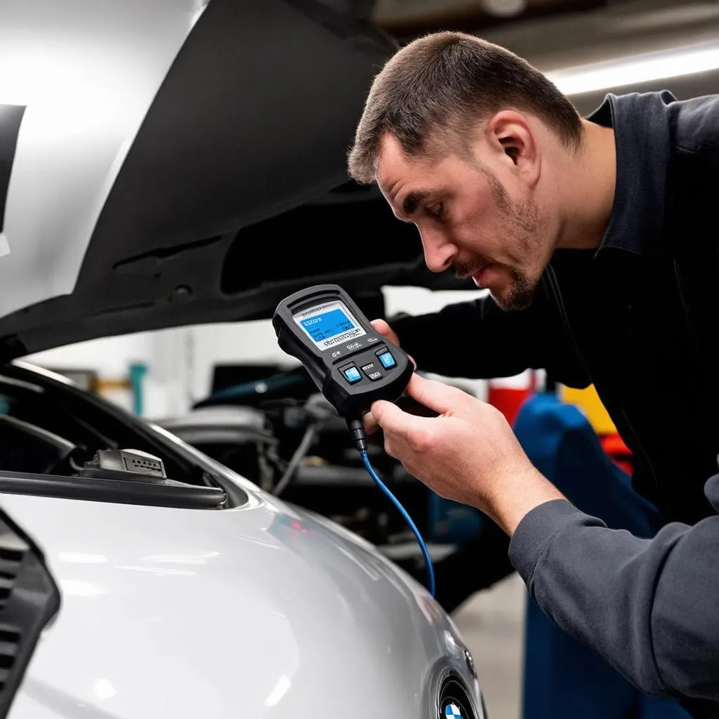 Mechanic connecting an OBD2 scanner to a car's port